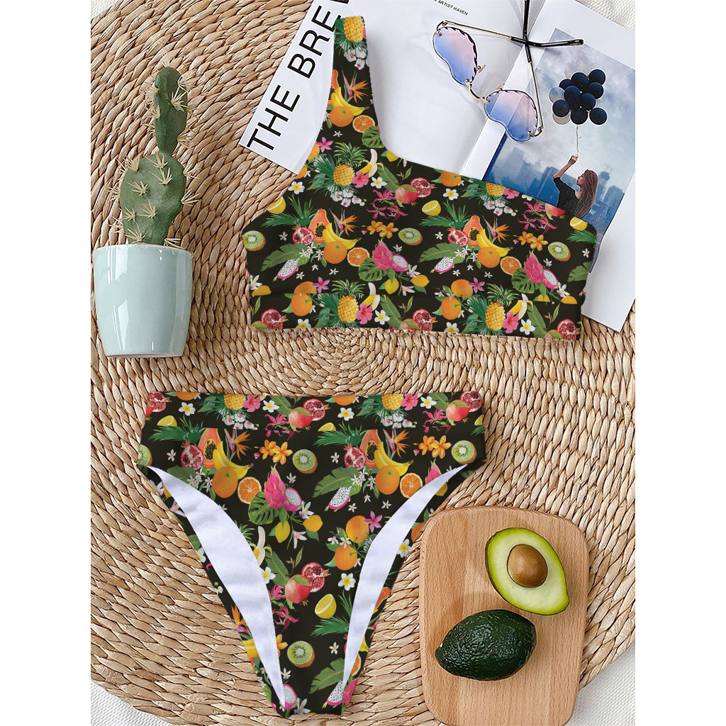 Tropical Paradise Fruits Pattern Print One Shoulder Bikini Top