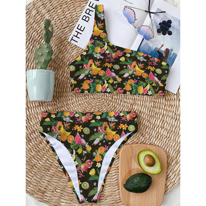 Tropical Paradise Fruits Pattern Print One Shoulder Bikini Top