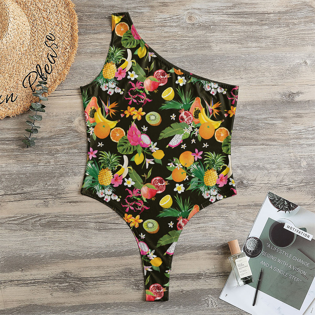 Tropical Paradise Fruits Pattern Print One Shoulder Bodysuit