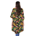 Tropical Paradise Fruits Pattern Print Open Front Beach Cover Up