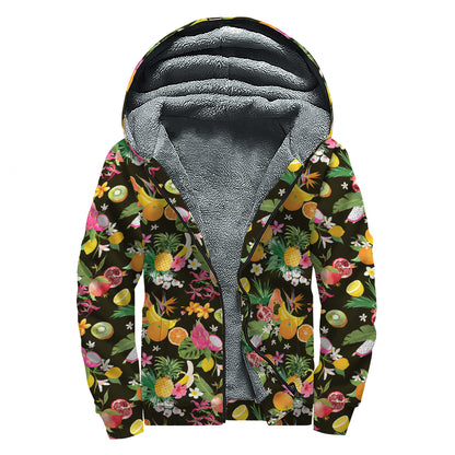 Tropical Paradise Fruits Pattern Print Sherpa Lined Zip Up Hoodie