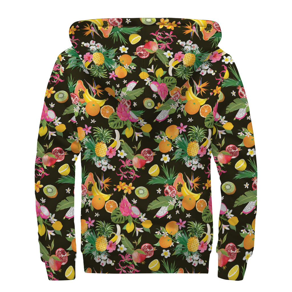 Tropical Paradise Fruits Pattern Print Sherpa Lined Zip Up Hoodie