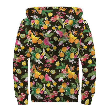 Tropical Paradise Fruits Pattern Print Sherpa Lined Zip Up Hoodie