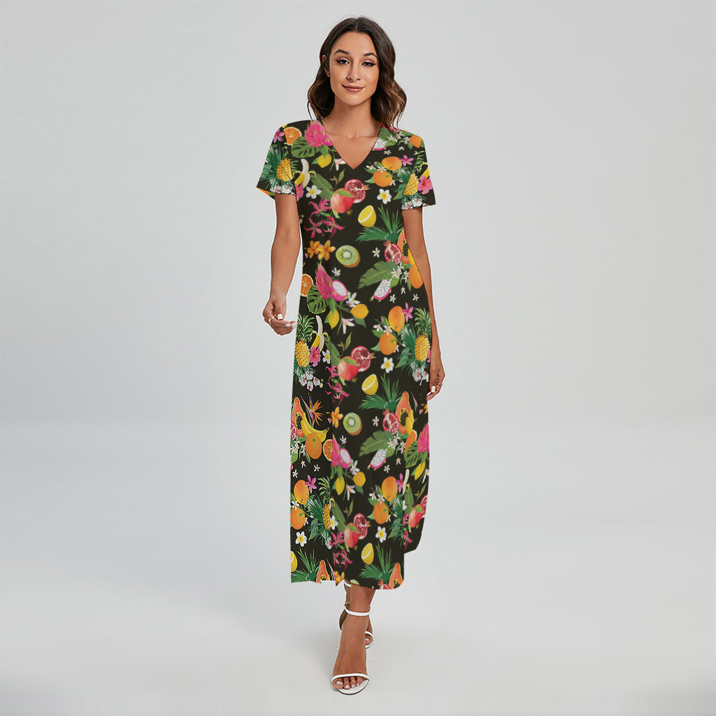 Tropical Paradise Fruits Pattern Print Short Sleeve Maxi Dress