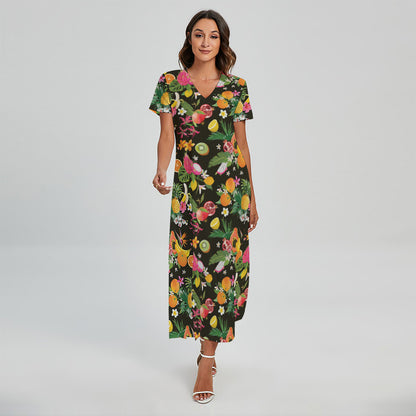 Tropical Paradise Fruits Pattern Print Short Sleeve Maxi Dress
