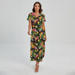 Tropical Paradise Fruits Pattern Print Short Sleeve Maxi Dress
