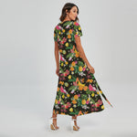 Tropical Paradise Fruits Pattern Print Short Sleeve Maxi Dress