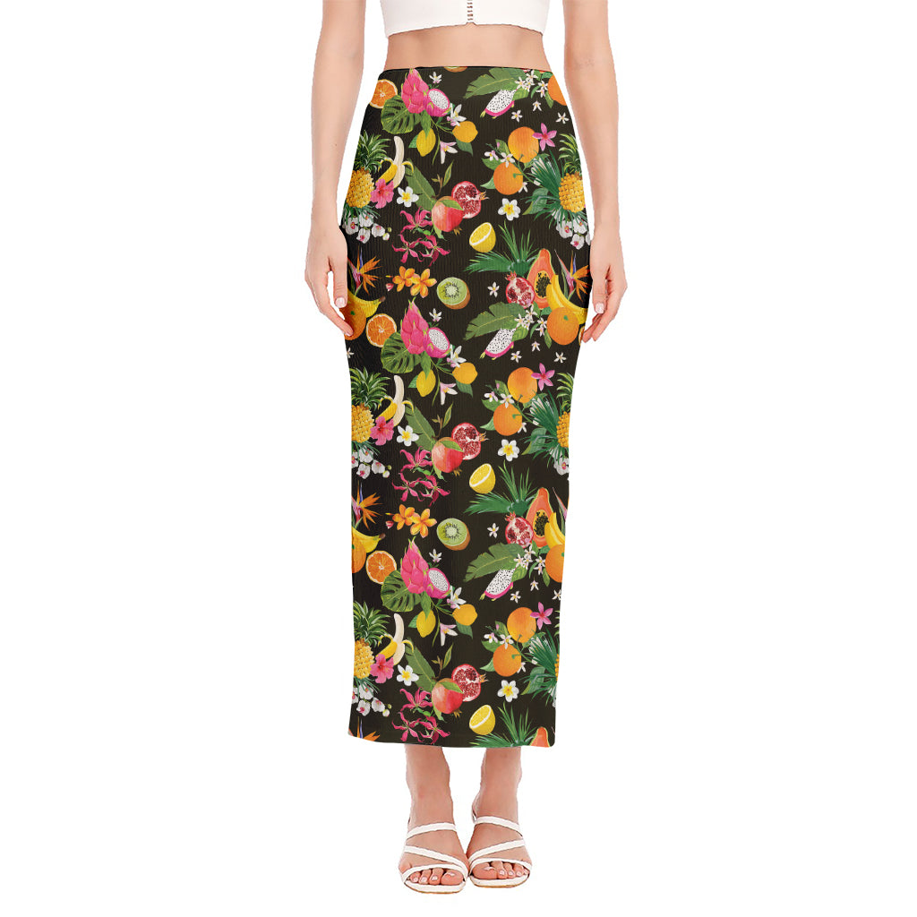 Tropical Paradise Fruits Pattern Print Side Slit Maxi Skirt