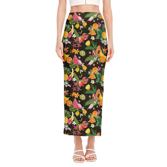 Tropical Paradise Fruits Pattern Print Side Slit Maxi Skirt