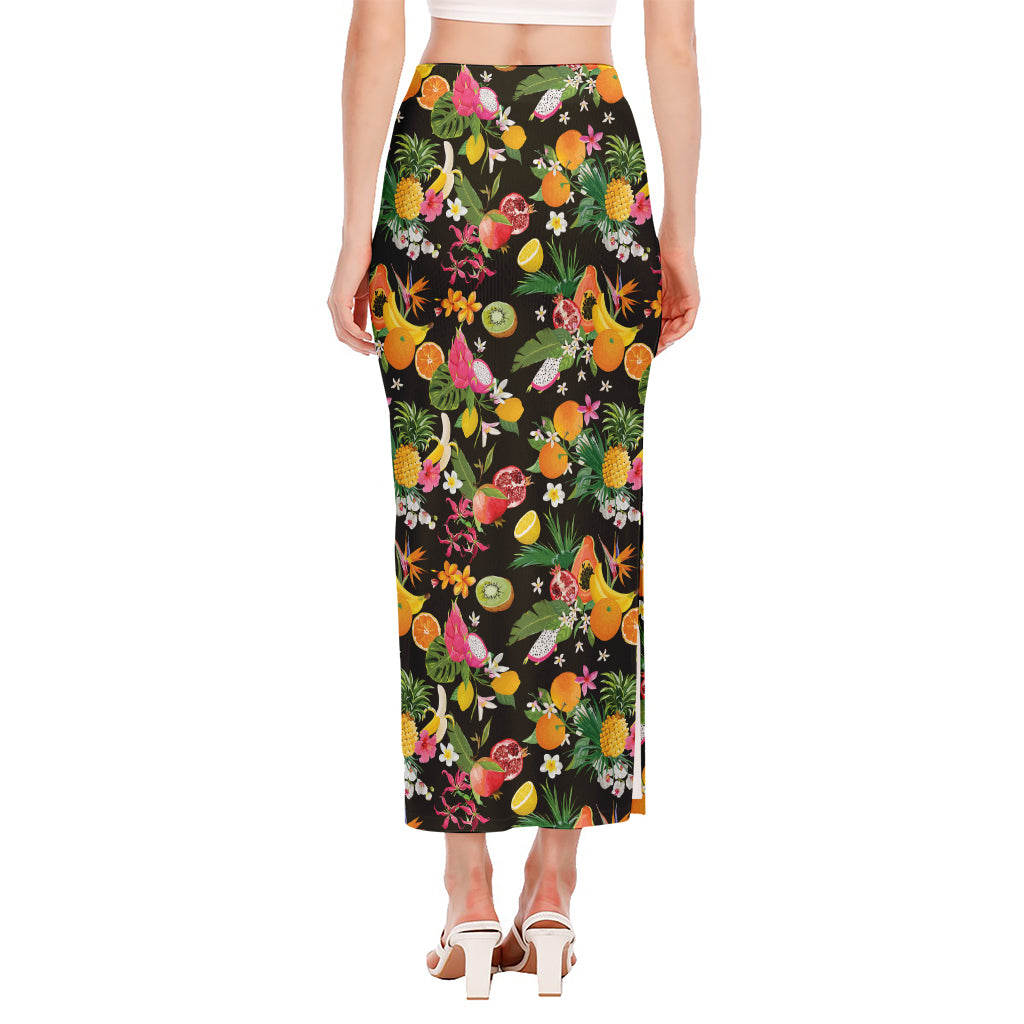 Tropical Paradise Fruits Pattern Print Side Slit Maxi Skirt