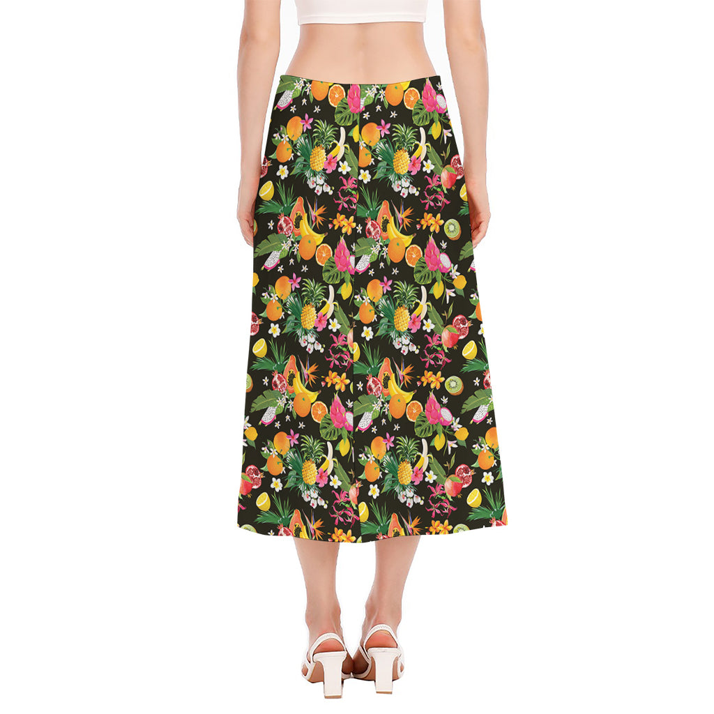 Tropical Paradise Fruits Pattern Print Side Slit Midi Skirt