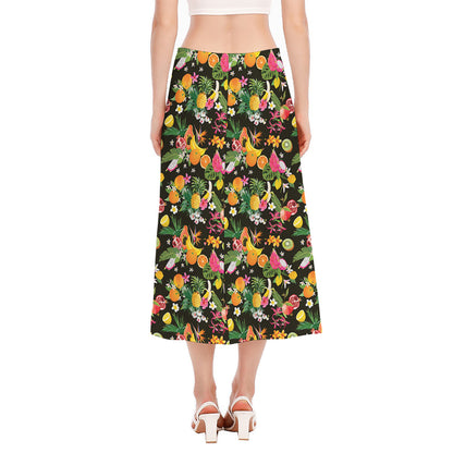 Tropical Paradise Fruits Pattern Print Side Slit Midi Skirt