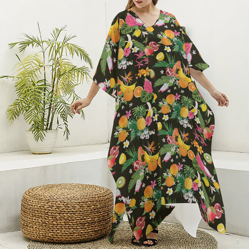 Tropical Paradise Fruits Pattern Print Silk V-Neck Kaftan Dress