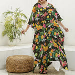 Tropical Paradise Fruits Pattern Print Silk V-Neck Kaftan Dress