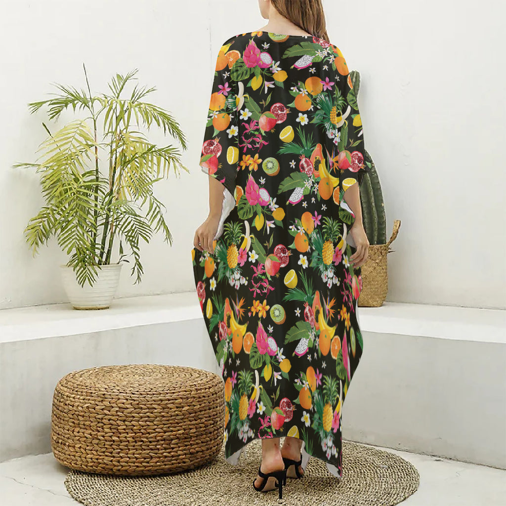 Tropical Paradise Fruits Pattern Print Silk V-Neck Kaftan Dress