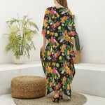 Tropical Paradise Fruits Pattern Print Silk V-Neck Kaftan Dress