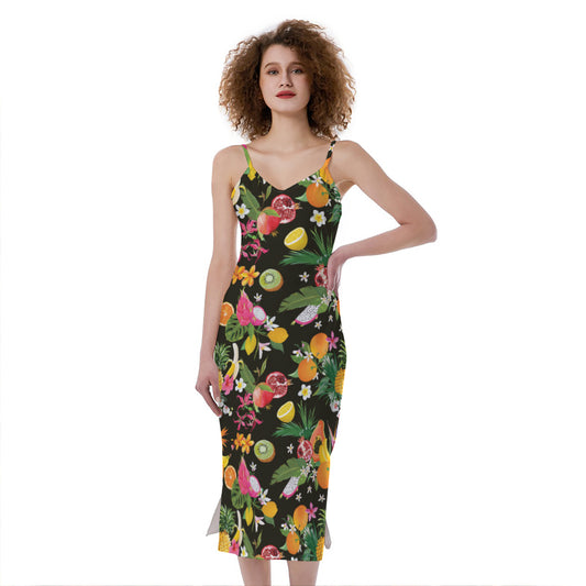 Tropical Paradise Fruits Pattern Print Slim Fit Midi Cami Dress