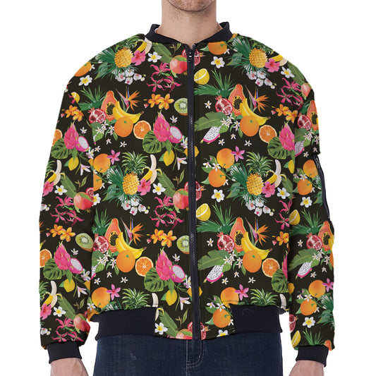 Tropical Paradise Fruits Pattern Print Zip Sleeve Bomber Jacket