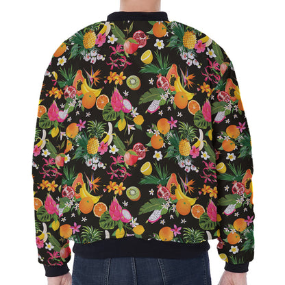Tropical Paradise Fruits Pattern Print Zip Sleeve Bomber Jacket