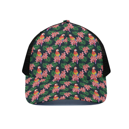 Tropical Parrot Pattern Print Black Mesh Trucker Cap