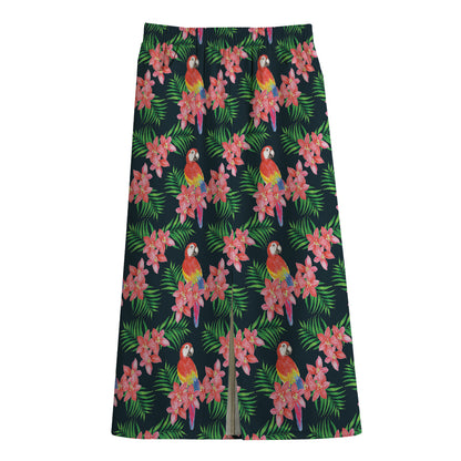 Tropical Parrot Pattern Print Cotton Front Slit Maxi Skirt