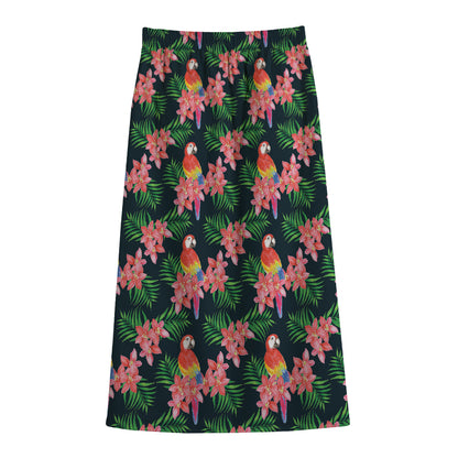 Tropical Parrot Pattern Print Cotton Front Slit Maxi Skirt