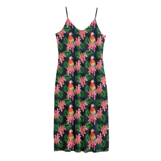 Tropical Parrot Pattern Print Jersey Midi Cami Dress