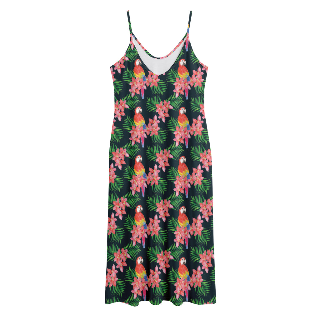 Tropical Parrot Pattern Print Jersey Midi Cami Dress