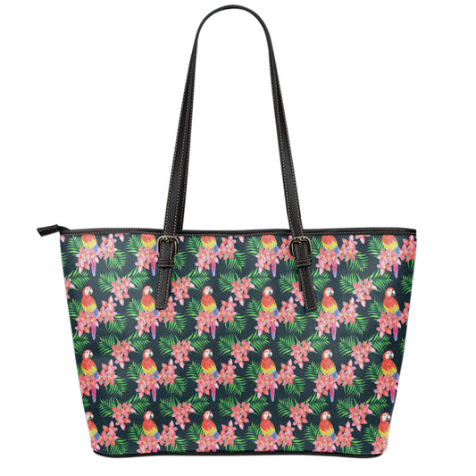 Tropical Parrot Pattern Print Leather Tote Bag