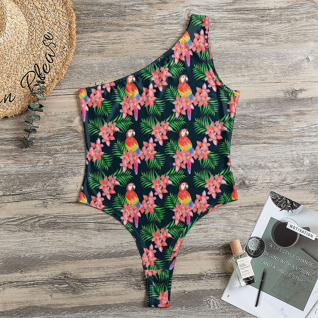 Tropical Parrot Pattern Print One Shoulder Bodysuit
