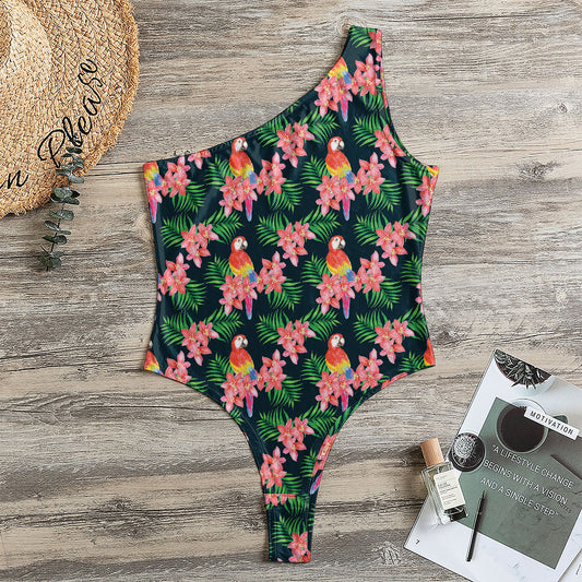 Tropical Parrot Pattern Print One Shoulder Bodysuit