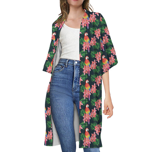 Tropical Parrot Pattern Print Open Front Beach Cover Up