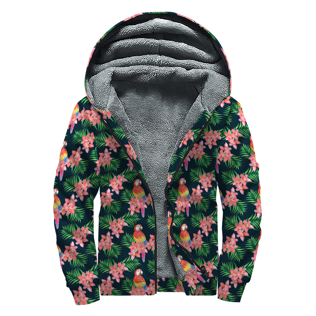 Tropical Parrot Pattern Print Sherpa Lined Zip Up Hoodie