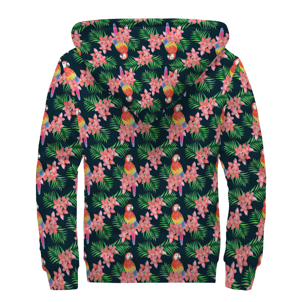 Tropical Parrot Pattern Print Sherpa Lined Zip Up Hoodie