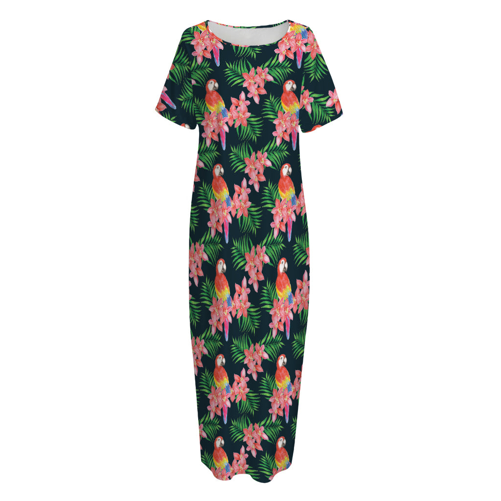 Tropical Parrot Pattern Print Short Sleeve Long Nightdress