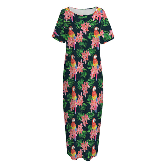 Tropical Parrot Pattern Print Short Sleeve Long Nightdress