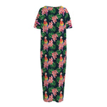 Tropical Parrot Pattern Print Short Sleeve Long Nightdress