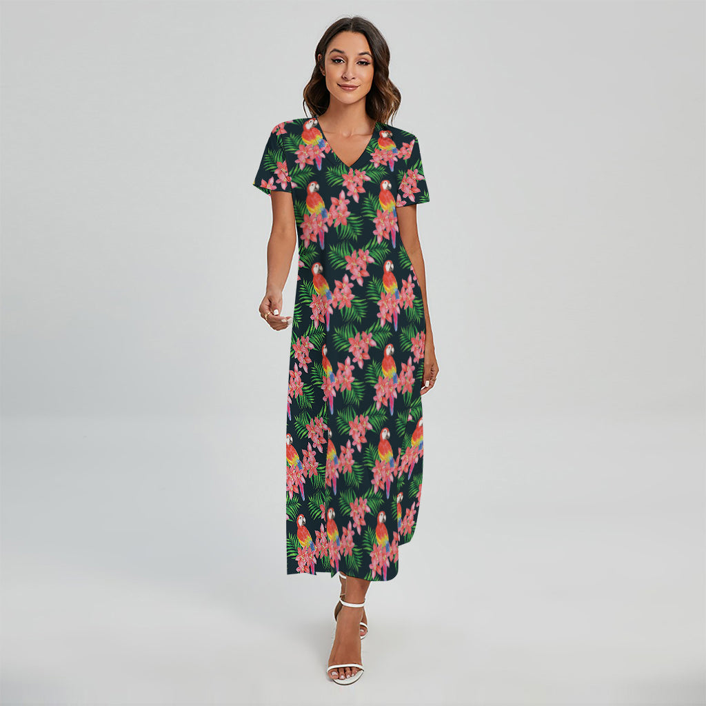 Tropical Parrot Pattern Print Short Sleeve Maxi Dress