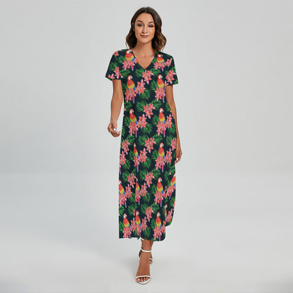 Tropical Parrot Pattern Print Short Sleeve Maxi Dress