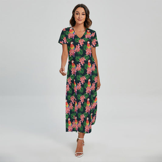 Tropical Parrot Pattern Print Short Sleeve Maxi Dress