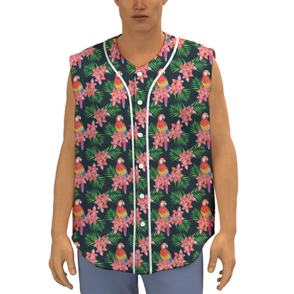 Tropical Parrot Pattern Print Sleeveless Baseball Jersey