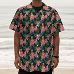Tropical Parrot Pattern Print Textured Short Sleeve Shirt