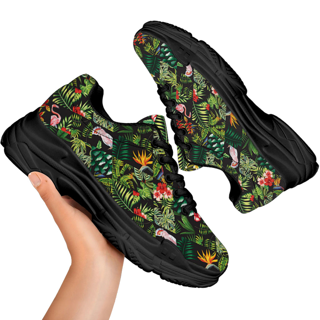 Tropical Patchwork Pattern Print Black Chunky Shoes