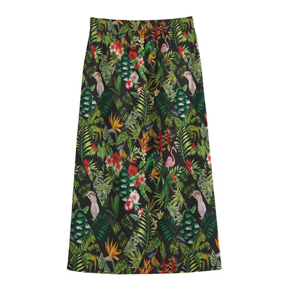 Tropical Patchwork Pattern Print Cotton Front Slit Maxi Skirt