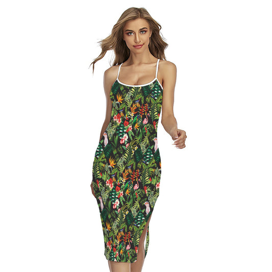 Tropical Patchwork Pattern Print Cross Back Cami Dress