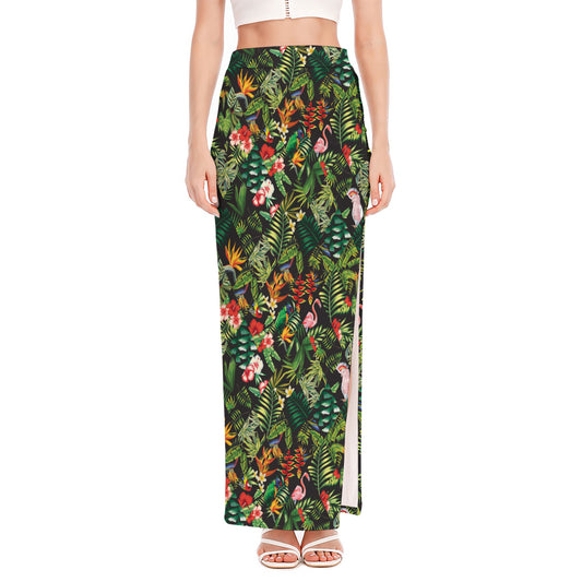 Tropical Patchwork Pattern Print High Slit Maxi Skirt