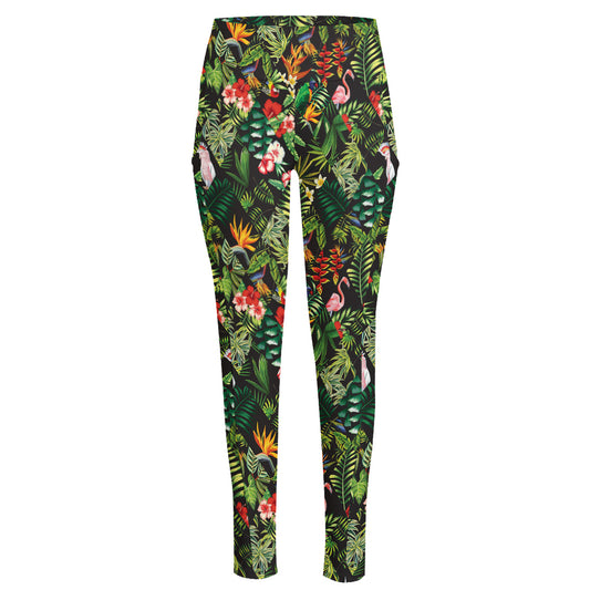 Tropical Patchwork Pattern Print High-Waisted Pocket Leggings