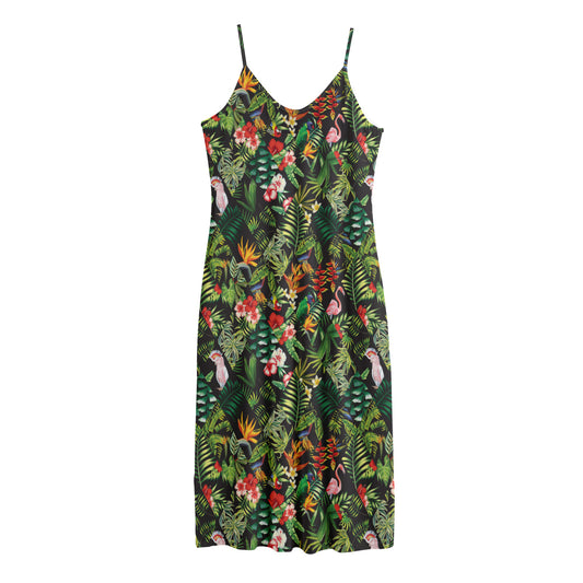 Tropical Patchwork Pattern Print Jersey Midi Cami Dress