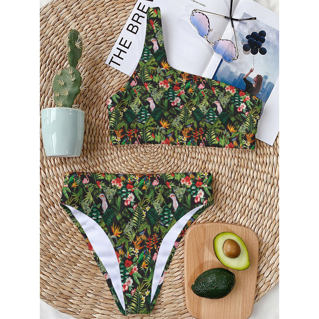 Tropical Patchwork Pattern Print One Shoulder Bikini Top