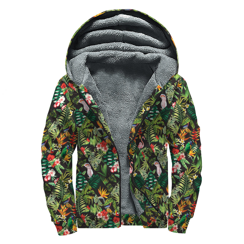 Tropical Patchwork Pattern Print Sherpa Lined Zip Up Hoodie